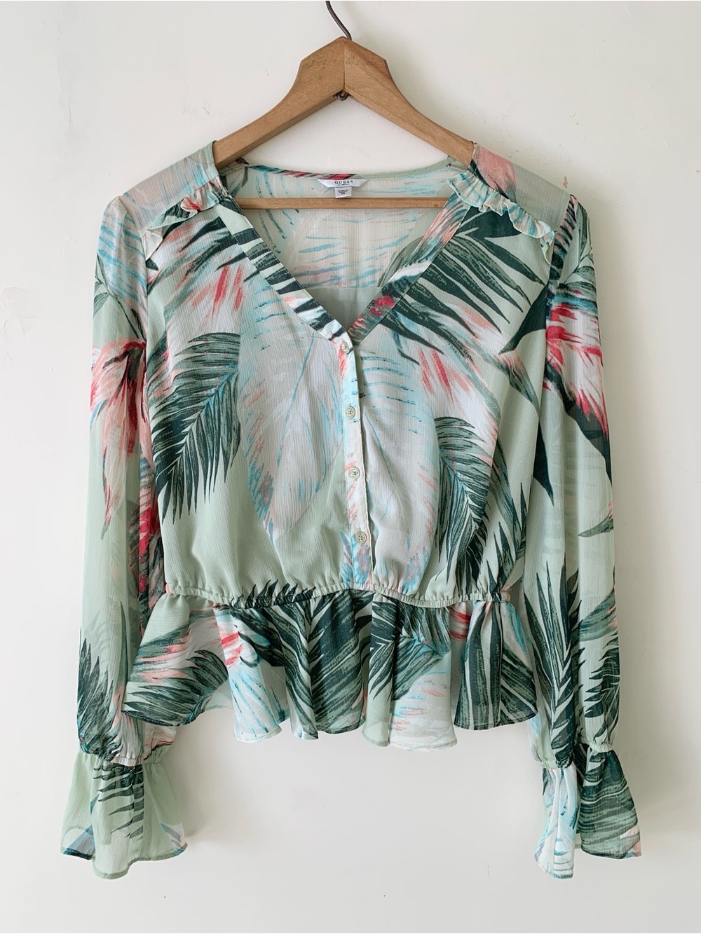 GUESS Mint Green Tropical Print Peplum Blouse with Ruffled Cuffs